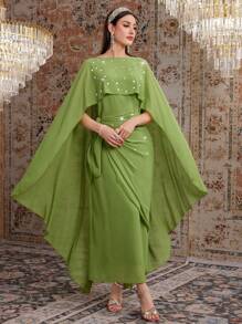 Al Najma Ladies' Shiny Sequin V-Neck Wrap Dress,Elegant Evening Party Dress Long Evening Dresses - Green - View 4