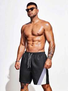 Manfinity Swimmode Men's Plus Size Drawstring Waist Color Block Beach Shorts - Multicolor - View 3