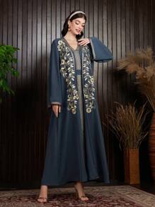 Al Najma Women's Positioning Embroidery Jacket And Weave Trim Splicing Dress 2pcs/Set, Elegant Moroccan Kaftan, Muslim Fashion Abaya For Casual/Festival/Gathering/Travel