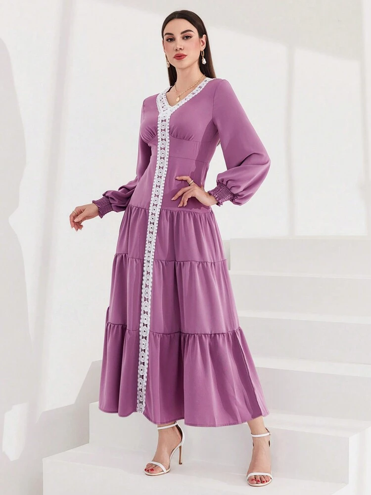 Women's Lace Splicing Ruffled Hem Dress