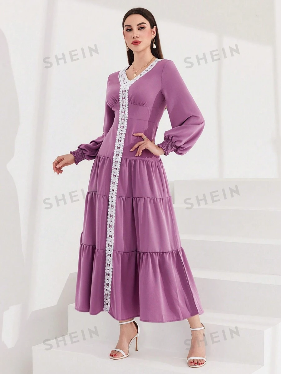 Mulvari Vestido De Las Mujeres Con Encaje En El Dobladillo Y Volantes