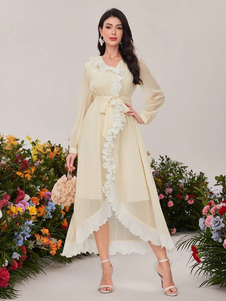 Women's Ruffle Trimmed Puff Sleeve Elastic Waist A-Line Dress Fall Cloth For Women