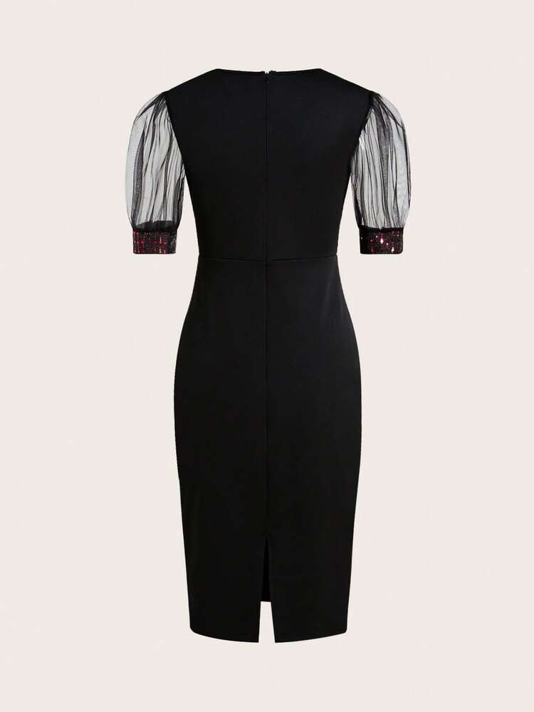 Women's Sheer Mesh Puff Sleeve Bodycon Summer  Dress  Ramadan Dress