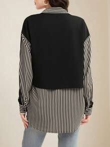 EMERY ROSE Striped Patchwork Long Sleeve Shirt,Long Sleeve Tops Fall Cloth For Women