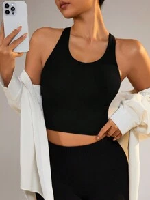 Easithlete 女士纯色运动健身背心健身房上衣修身衬衫 - 黑色 - 查看 3