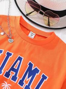 Teen Girl's Letter And Palm Tree Patterned Short Sleeve T-Shirt - Orange - View 4