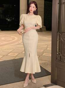 DAZY Vestido de verano de Body ceñido con manga abullonada y bajo de cola de sirena de unicolor para mujer, vestidos formales de mujer para fiesta y vestidos elegantes de mujer - Beis - Ver 6