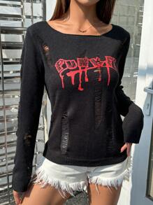 StreetHx Women's Hollow Out Letter Pattern Knitted Sweater  Fall Winter Outfit