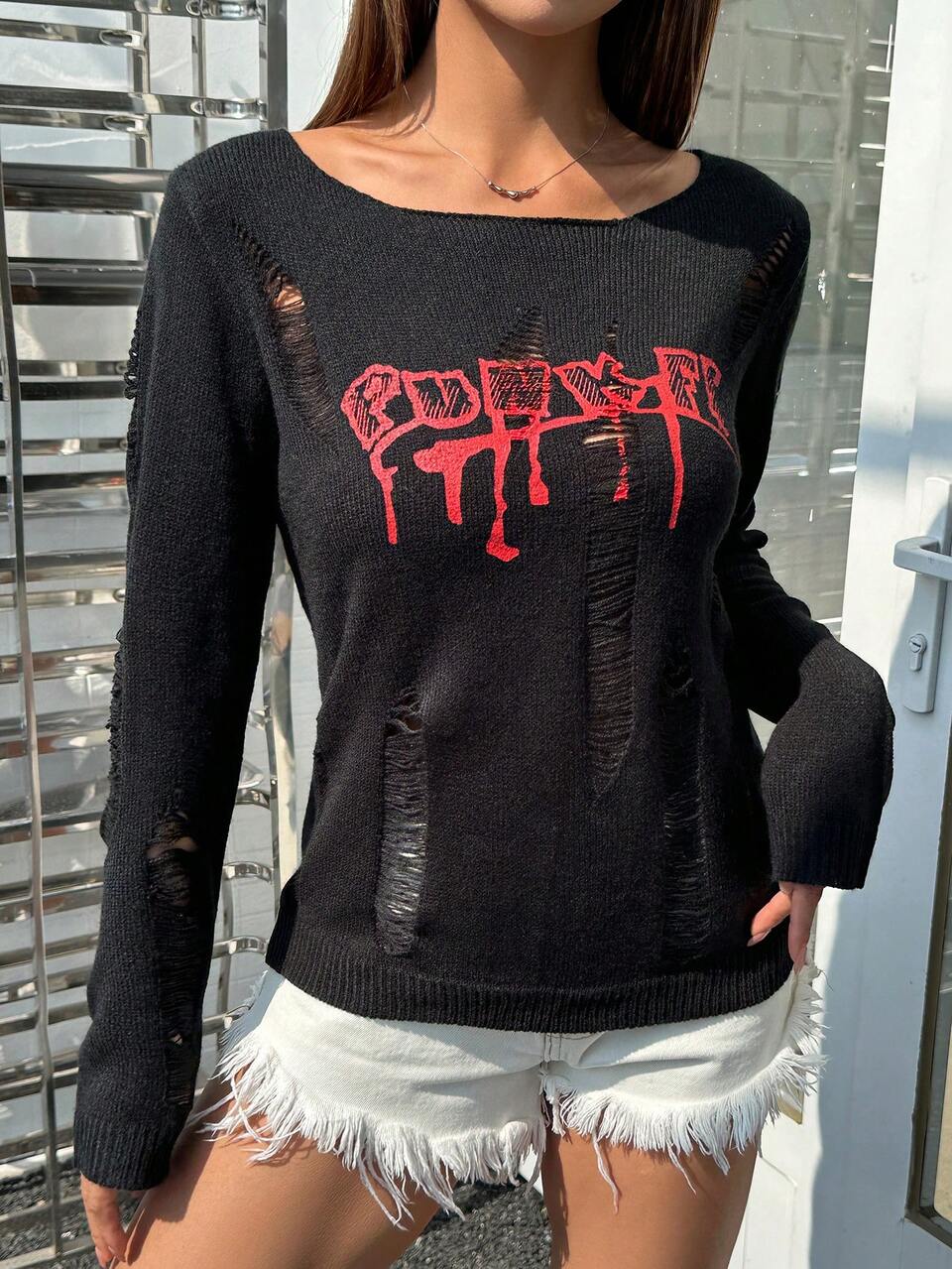 Women's Hollow Out Letter Pattern Knitted Sweater Fall Winter