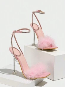 Sandalias de tacón alto de mujer con puntera cuadrada, correa de tobillo con hebilla perforada y decoradas con rhinestones. Transpirables, brillantes y apropiadas para el verano, color rosa para el Día de San Valentín - Rosa - Ver 5