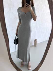 DAZY Women's Square Neck Half Button Front Short Sleeve Midi Dress Sundress
