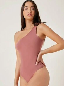 SHEIN BASICS Women One Shoulder Solid Bodysuit For Summer - Dusty Pink - View 3