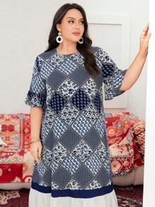 Mulvari Plus Size Women's Patchwork Printed Dress - Navy Blue - View 7