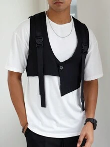 Claim Dot 1 件男士推扣带纯色装饰短款工装背心夹克，适合丈夫，秋季