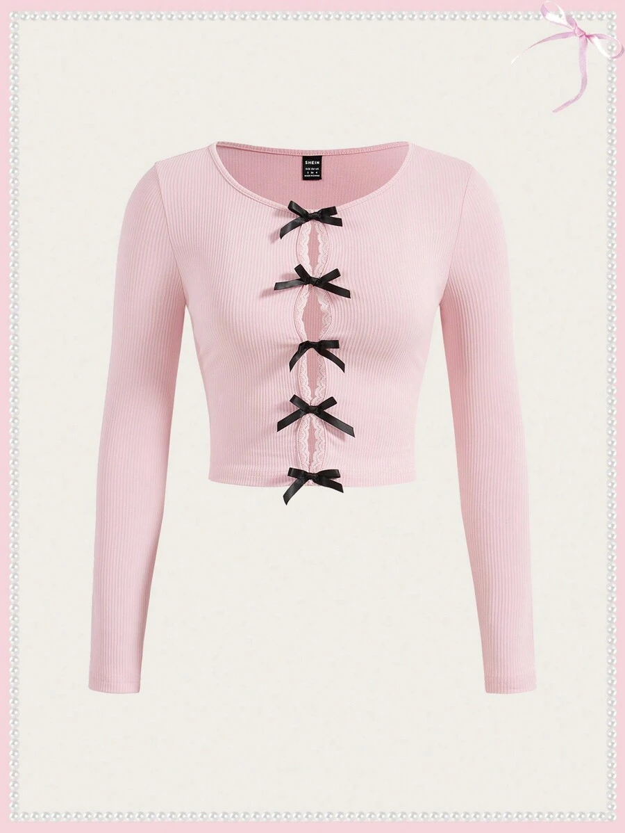 SHEINNeu Balletcore 甜美镂空丝带蝴蝶结蕾丝花边长袖粉色 T 恤生日女士服装春季女士衣服 - 粉色 - 查看 1