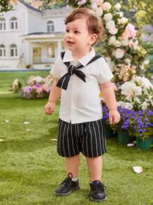 2pcs/Set Baby Boys Striped 2 In 1 Casual Short Sleeve Top And Shorts Outfit For Spring/Summer - Multicolor - View 1