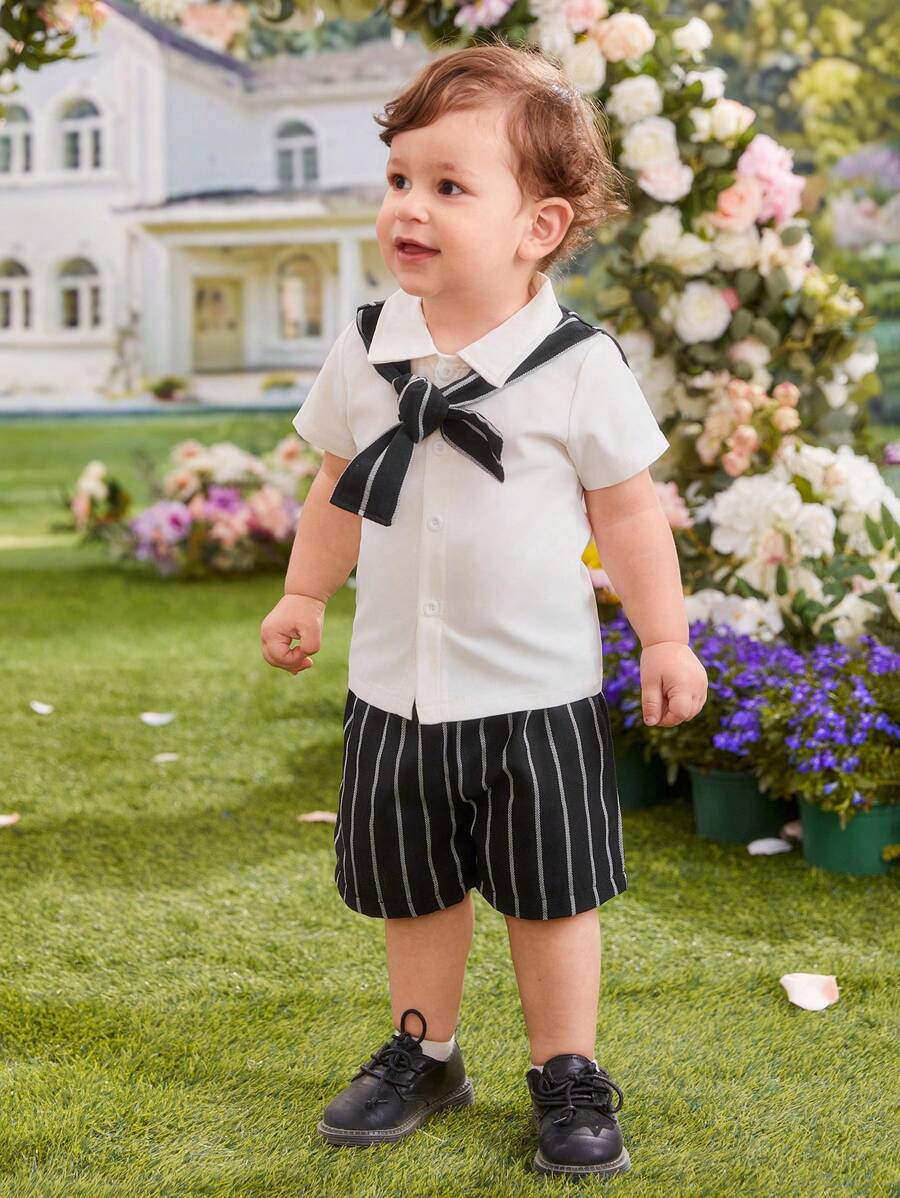 2pcs/Set Baby Boys Striped 2 In 1 Casual Short Sleeve Top And Shorts Outfit For Spring/Summer - Multicolor - View 1