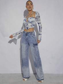 Denimoi 翻盖口袋褶皱阔腿休闲牛仔裤 - 淺色水洗藍 - 查看 3