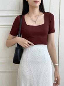 DAZY Ribbed Knit Short Sleeve T-Shirt Cute Tops - Burgundy - View 4