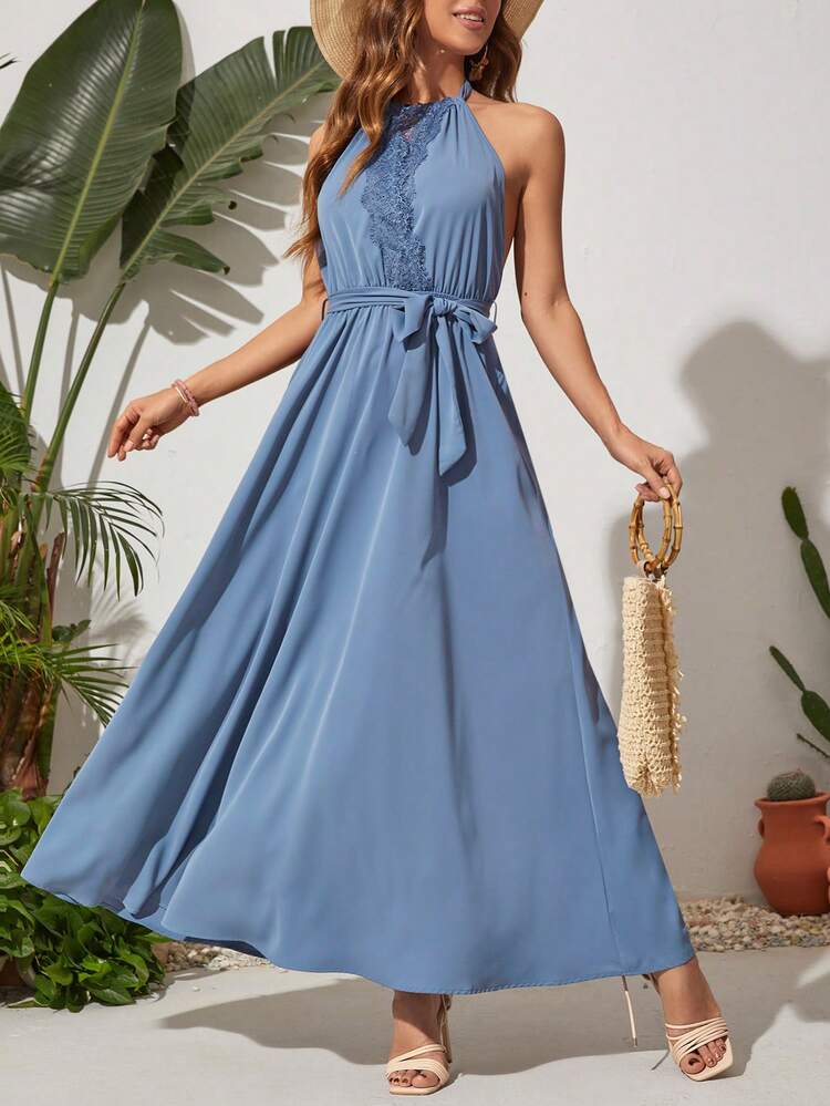 Women's Lace Patchwork Halter Neck Vacation Summer Dress
