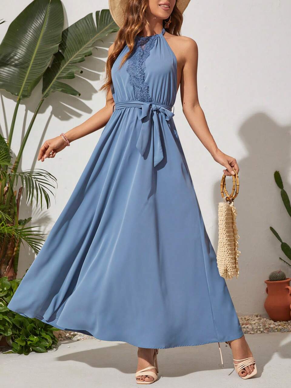 Women's Lace Patchwork Halter Neck Vacation Summer Dress