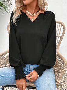 SHEIN LUNE 女式v領褶皺袖衫 - 黑色 - 查看 6