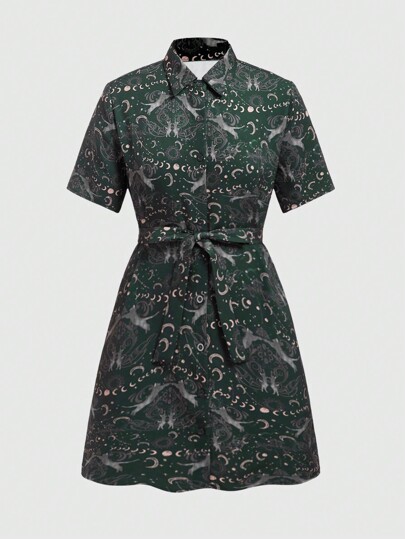 Hippie Zauberhaftes Katze Und Sternbild Druck Hemdblusen Kleid