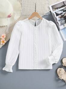 Tween Girls' Solid White Pullover Tops With Vertical Texture, Fall Tops, Fall, Ruffled Sleeves-Casual Fashion Clothing - White - View 8