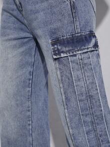 Denimoi 翻盖口袋褶皱阔腿休闲牛仔裤 - 淺色水洗藍 - 查看 6