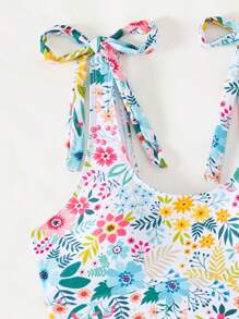 SHEIN Swim 夏季沙灘女士全身植物印花打結肩帶泳衣背心上衣和泳裝下褲