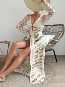 SHEIN VCAY Của phụ nữ Xu hướng: Cắt giảm Thả vai Tay áo dài Áo len Mở - Màu be - Xem 7