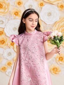 SHEIN Leap Crew Váy chữ A tay bồng, cổ đứng, ren xếp ly rộng rãi cho bé gái tuổi mới lớn - Hồng - Xem 6