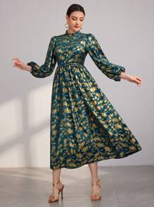 Modelyn Women's Lantern Sleeve Arabian Style Dress With Gold Print