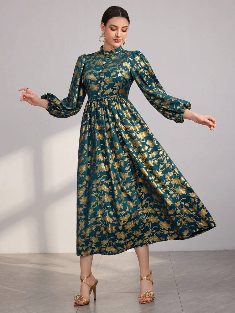 Women's Lantern Sleeve Arabian Style Dress With Gold Print