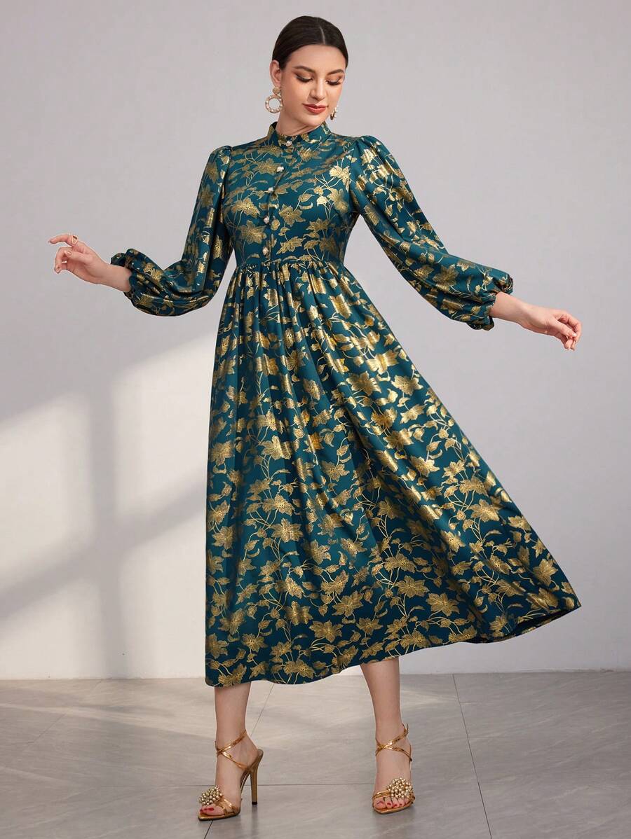 Modelyn Women's Lantern Sleeve Arabian Style Dress With Gold Print