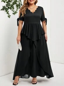 SHEIN Lady Kurzarmkleid mit Schulterfrei-Schnitt und tiefem V-Ausschnitt für Damen in Große Größen mit geschwungenem Saum. Kleid für Hochzeitsgäste