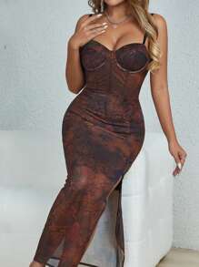 Allurite Vintage Printed High Slit Spaghetti Strap Dress