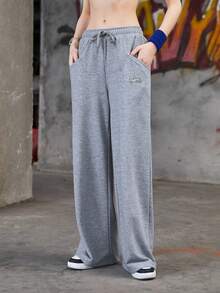 SHEIN Sports Của phụ nữ Lỏng lẻo phù hợp Dây rút Quần thể thao - Xám - Xem 4