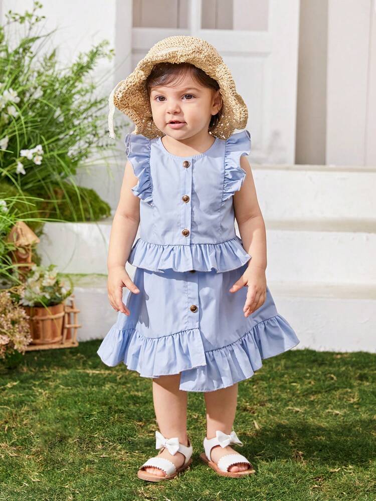 Baby Girl Casual Holiday Style Sleeveless Top With Ruffle Hem, Asymmetric Skirt Set