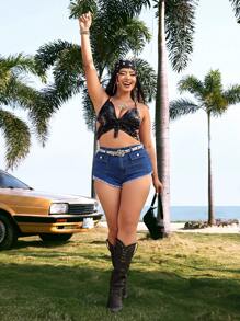 SHEIN ICON Plus Size Elastic Tight-Fitting Hotpants, Sexy Slim Denim Shorts - Blue - View 3