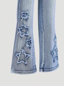 Tween Girl High Waist Star Embroidered Flared Jeans, Korean Version - Dark Wash - View 3