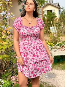 Dreamara Plus Size Women's Off Shoulder Short Sleeve Floral Print Ruffle Hem Dress - Multicolor - View 1