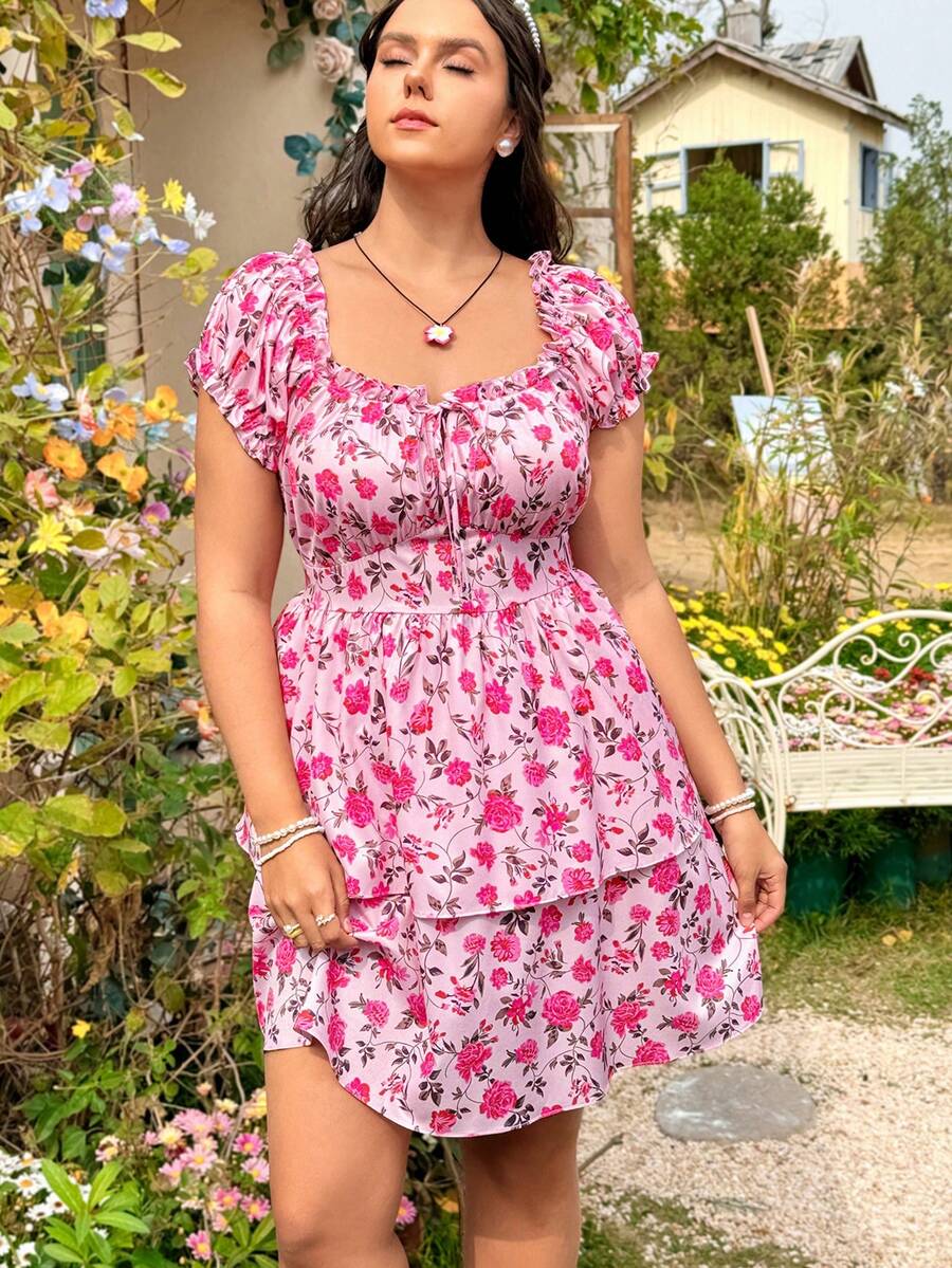 Dreamara Plus Size Women's Off Shoulder Short Sleeve Floral Print Ruffle Hem Dress - Multicolor - View 1