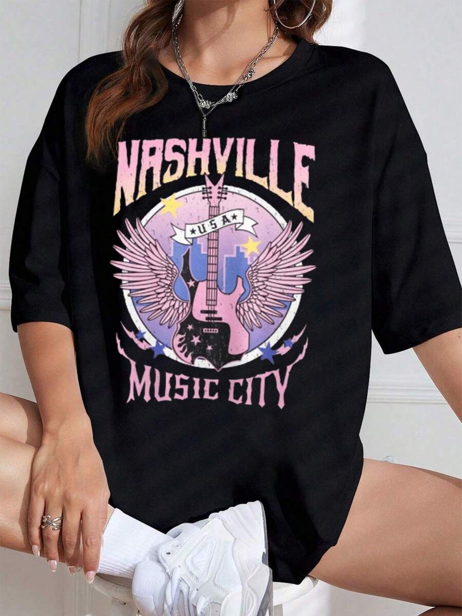 Flirla Plus Size Loose Fit T-Shirt With Music Festival Print - Black - View 1