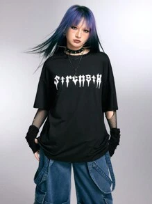 ROMWE Grunge Punk 女士宽松尖牙与字母印花圆领 T 恤，学校，男女通用 - 黑色 - 查看 3