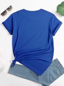SHEIN EZwear 女款短袖正常版t卹,帶有字母和蝴蝶印花 - 藍色 - 查看 2