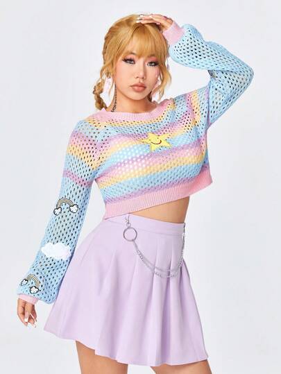 Kawaii Pull En Maille Pour Femme, Blocs De Couleur En Étoile Brodés Avec Trou