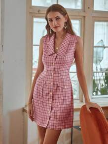 Aveloria Einreihiges Kariertes Ärmelloses Damenkleid Mit Reverskragen