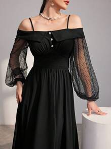 Modelyn Women's Hollow Out Shoulder & Mesh & Lantern Sleeve Dress