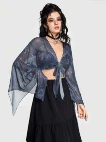 ROMWE Hippie Short Cropped Mesh Blouse With Sun, Moon & Stars Pattern And Flared Sleeves Tie Front - Blue - View 3